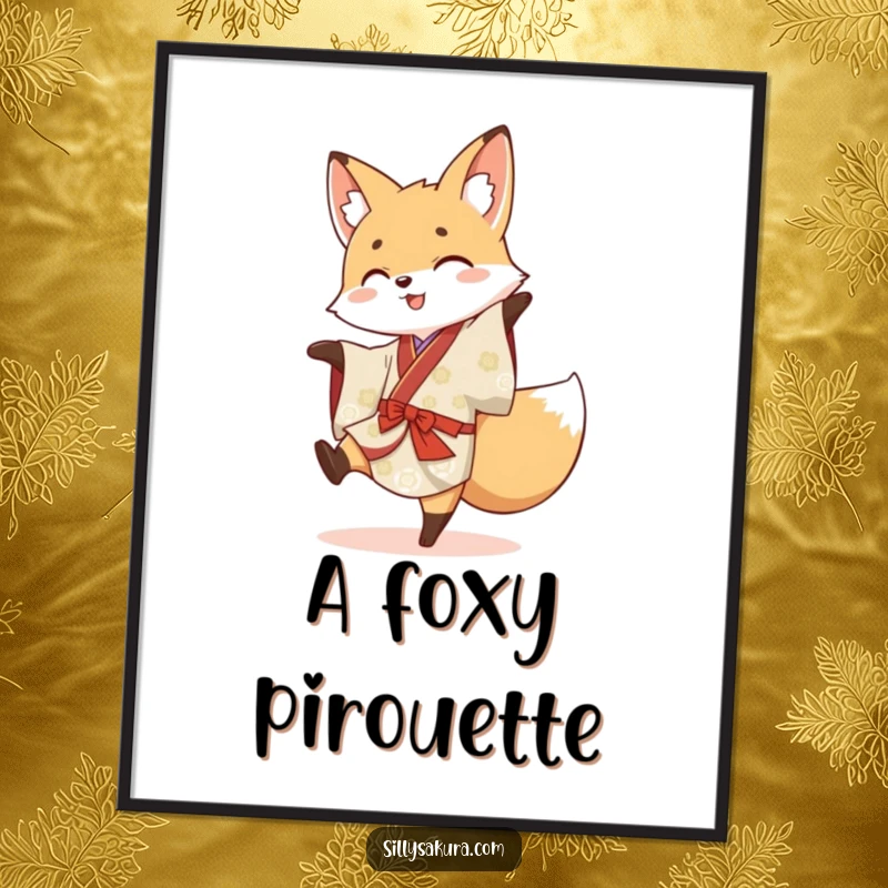 Funny digital art print of a cheerful fox in a traditional kimono executing a cartwheel, ready to download.