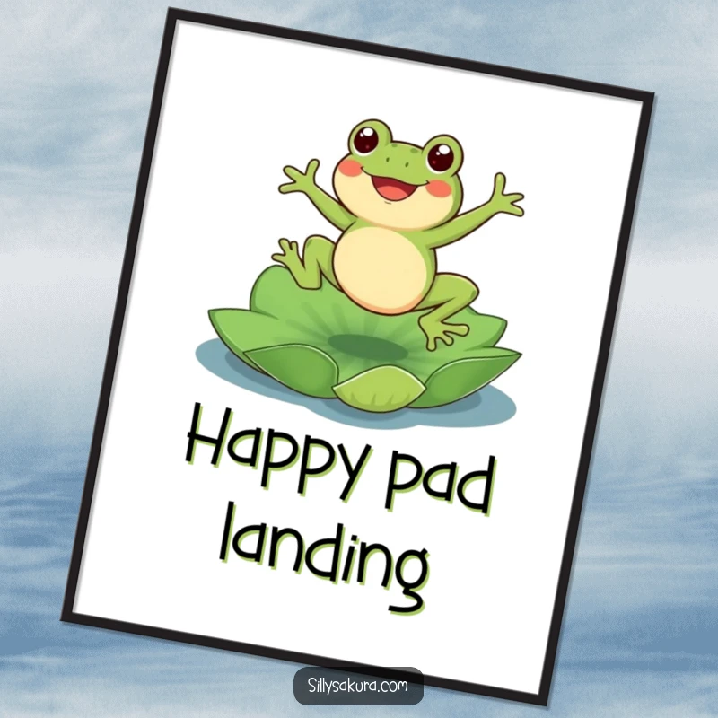 Funny Frog Digital Art Print: A cute frog character joyfully jumping onto a lotus pad, capturing vibrant energy and whimsical charm.