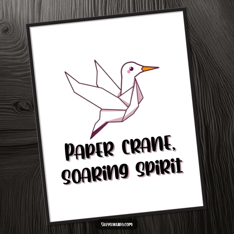 Funny digital art print of a giggling origami crane character soaring, ready to bring instant humor and joy to any digital display.