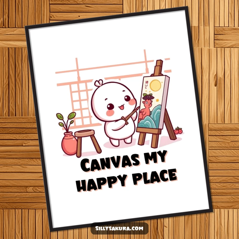 Funny Kawaii Artist Digital Art Print of a small, round character happily painting a traditional artwork, ready to be framed.