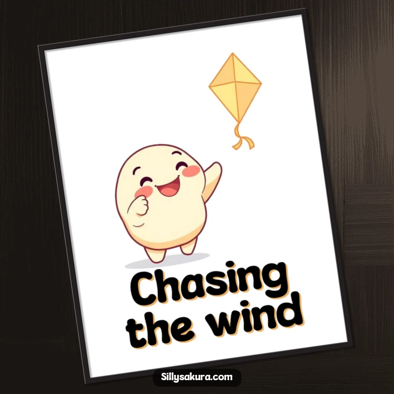 Funny digital art print of a grinning character enthusiastically pointing at a dancing paper kite, ideal for instant playful decor and a humorous statement.
