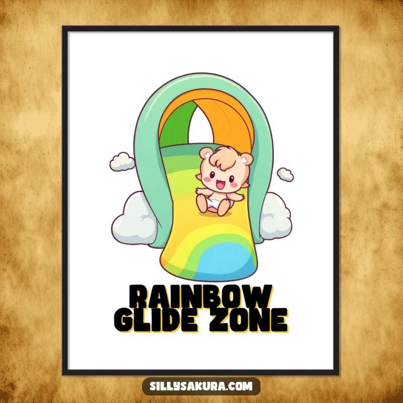 Funny rainbow slider digital art print, a vibrant illustration of a character gleefully sliding down a bright rainbow.