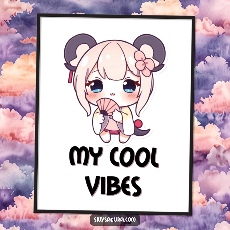 Funny digital art print of a shy character blushing, offering a tiny fan, ideal for charming home decor.