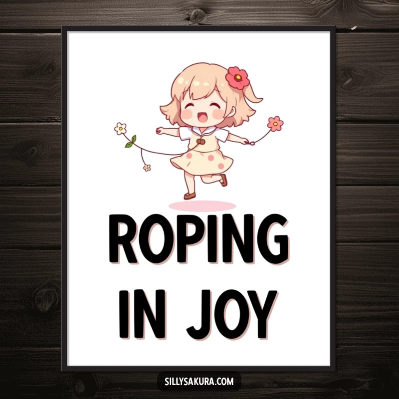 Funny skipping character digital art print, a vibrant illustration of a character gleefully jumping rope with a string of flowers.