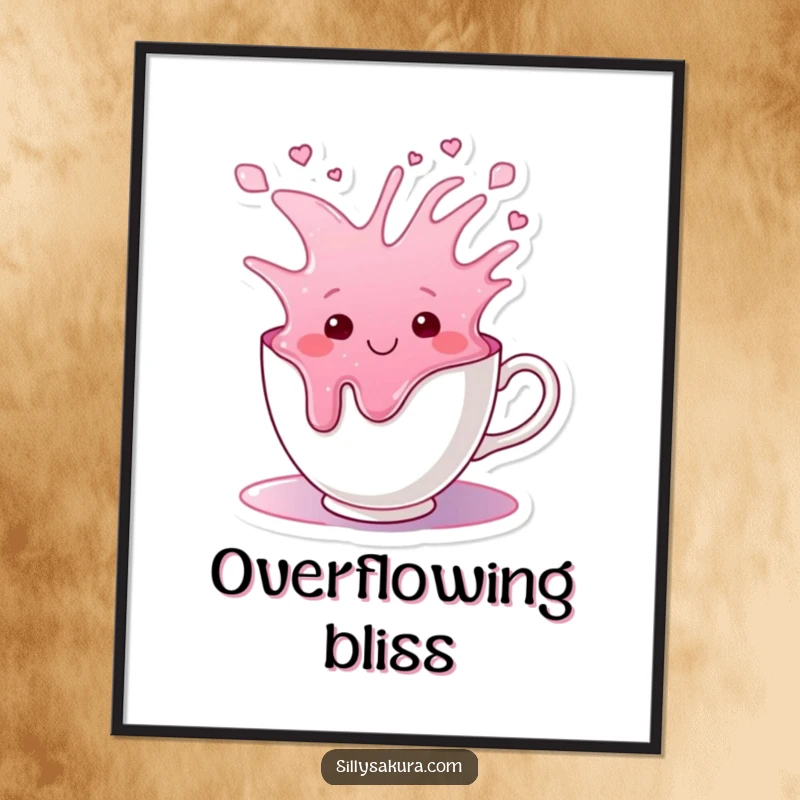 Funny digital art print of a smiling teacup character joyfully overflowing with a colorful, vibrant liquid, symbolizing happiness.