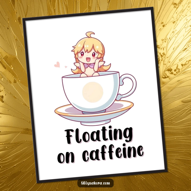 Funny Digital Art Print of a character joyfully riding a whimsical, floating teacup, perfect for adding magic and humor to wall decor.