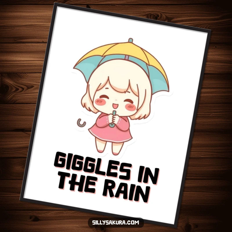 Funny digital art print of a small, rosy-cheeked character giggling gleefully while holding a tiny umbrella.