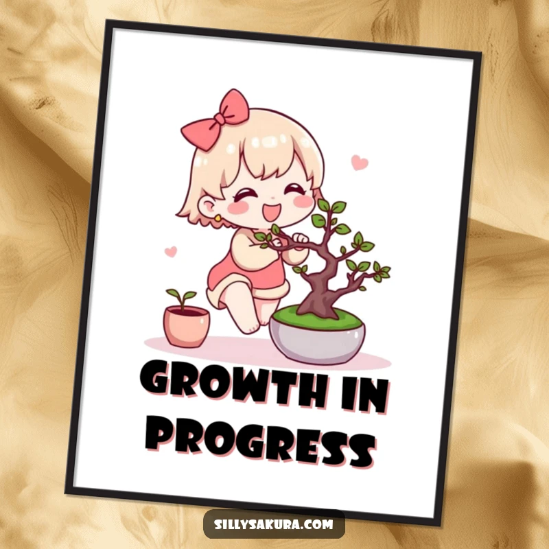 Funny Kawaii Digital Art Print. A cute character joyfully tends to a miniature bonsai tree, ideal for serene and charming decor.