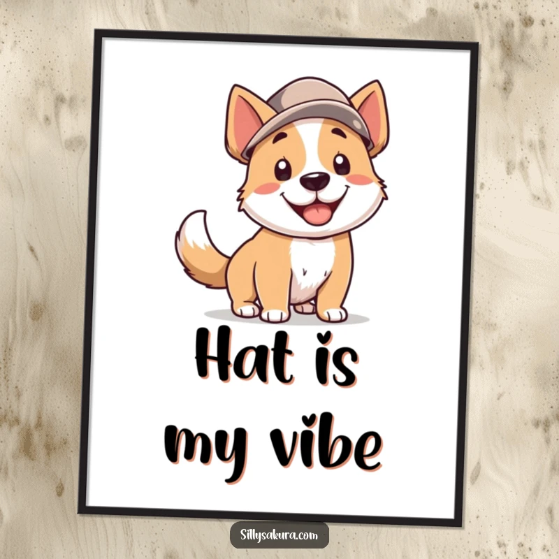 Funny Dog Digital Art Print: A smiling dog character wearing a hat, tail wagging furiously, conveying happiness and playful energy.