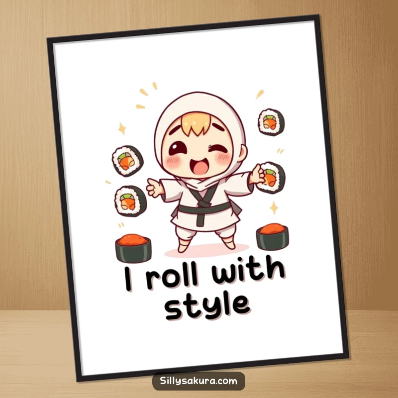 Funny digital art print of a character comically failing at juggling sushi rolls, dynamic and colorful.