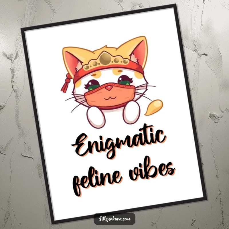 Funny digital art print of a happy cat in a traditional mask, playfully peeking out with an intriguing expression.