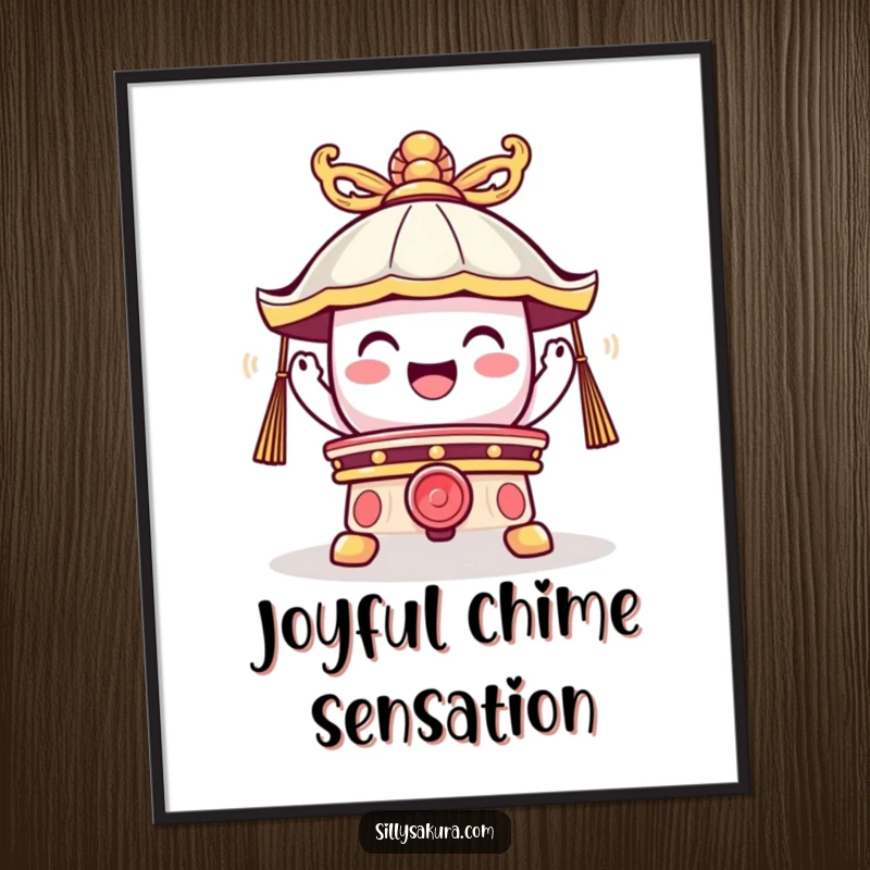 Funny digital art print of a cute temple bell character ringing with a joyful vibration, bringing immediate humor and positive energy.