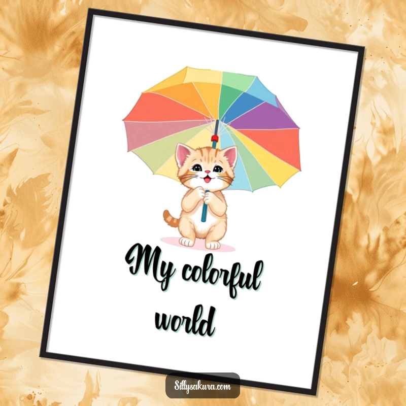 Funny digital art print of a happy kitten character exploring under a giant, colorful paper umbrella, perfect for adding whimsy and charm.