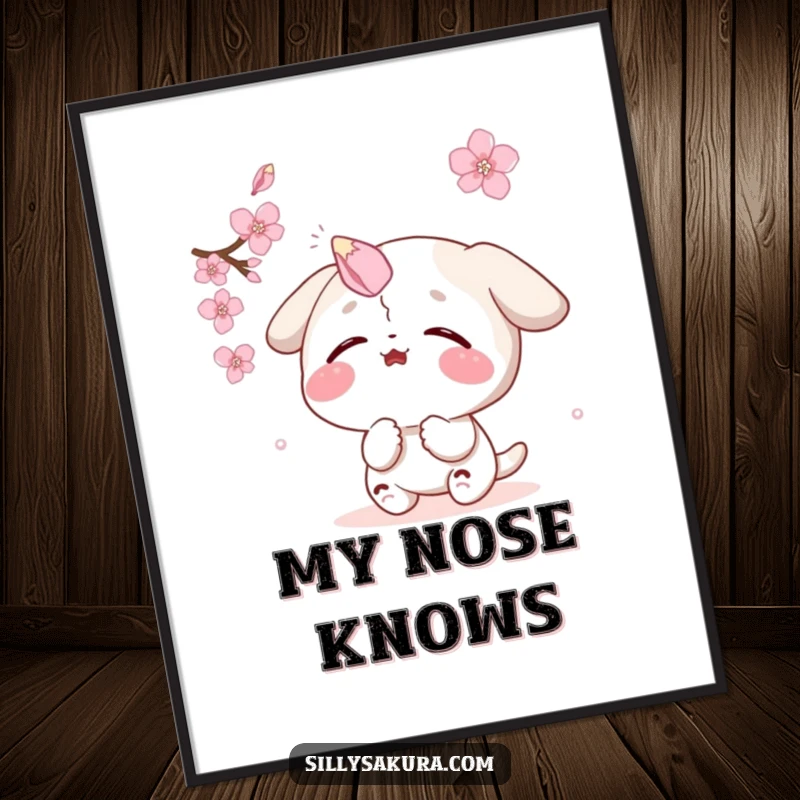 Funny digital art print of a character comically catching a sakura petal on its nose, perfect for whimsical wall decor.