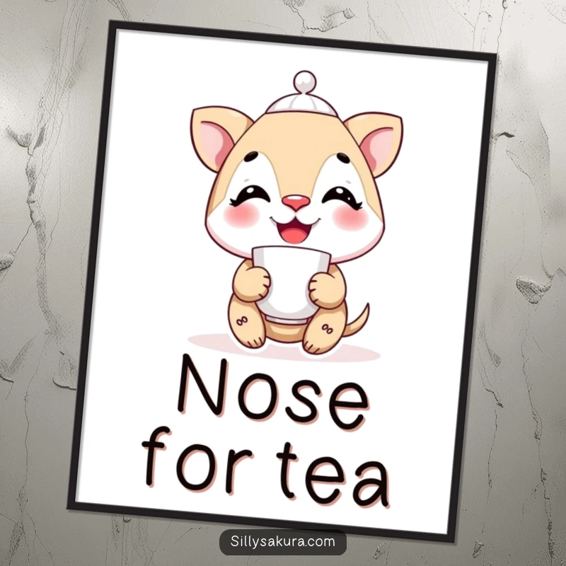 Funny smiling character balancing a teacup perfectly on its nose, available as a digital art print for elegant humor.