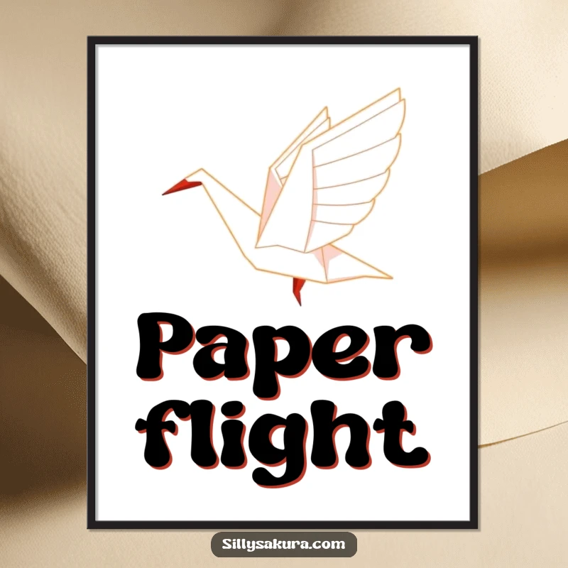 Funny Origami Digital Art Print of a paper crane character gracefully taking flight, symbolizing hope.