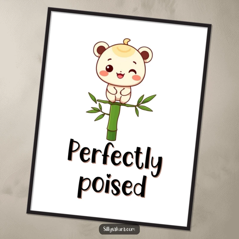 Funny digital art of a character with a cheerful grin expertly balancing on a single bamboo stalk, embodying peaceful focus.