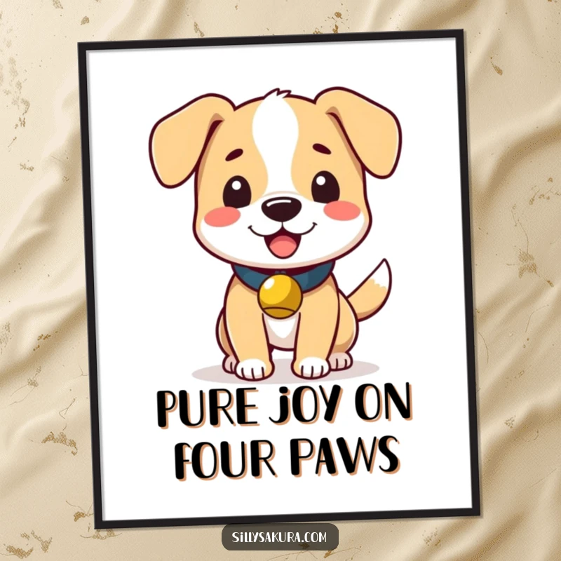 Funny digital art print of a cute dog with a small bell, wagging its tail enthusiastically with pure delight.