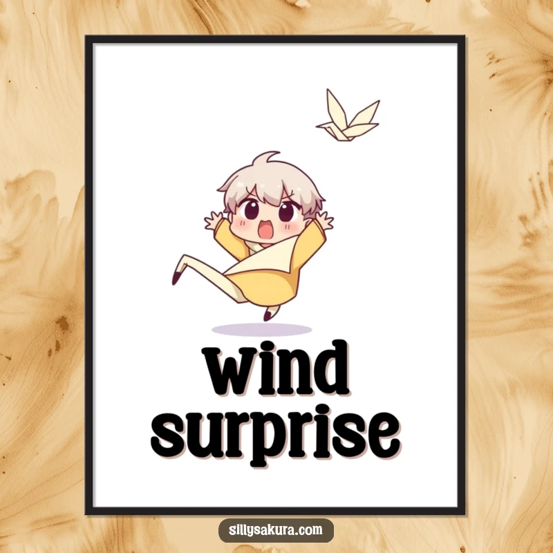 Funny Character Digital Art Print: A surprised character leaps back from a happy wind gust, bringing amusing and unexpected humor to any space.