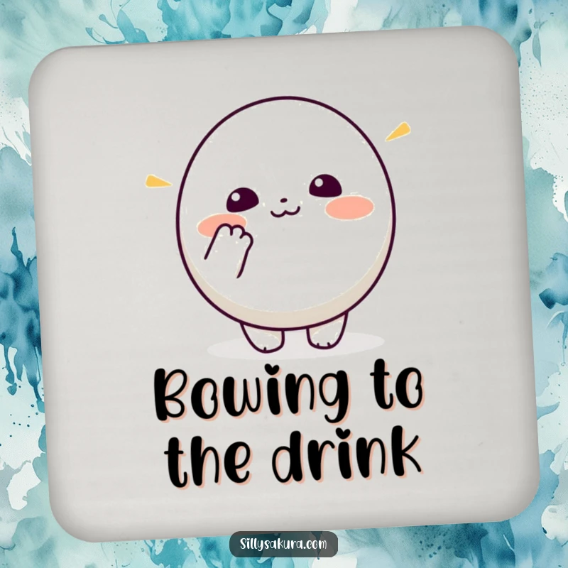 Funny Kawaii Coaster. A small, round cute character enthusiastically bows, protecting surfaces with adorable politeness.