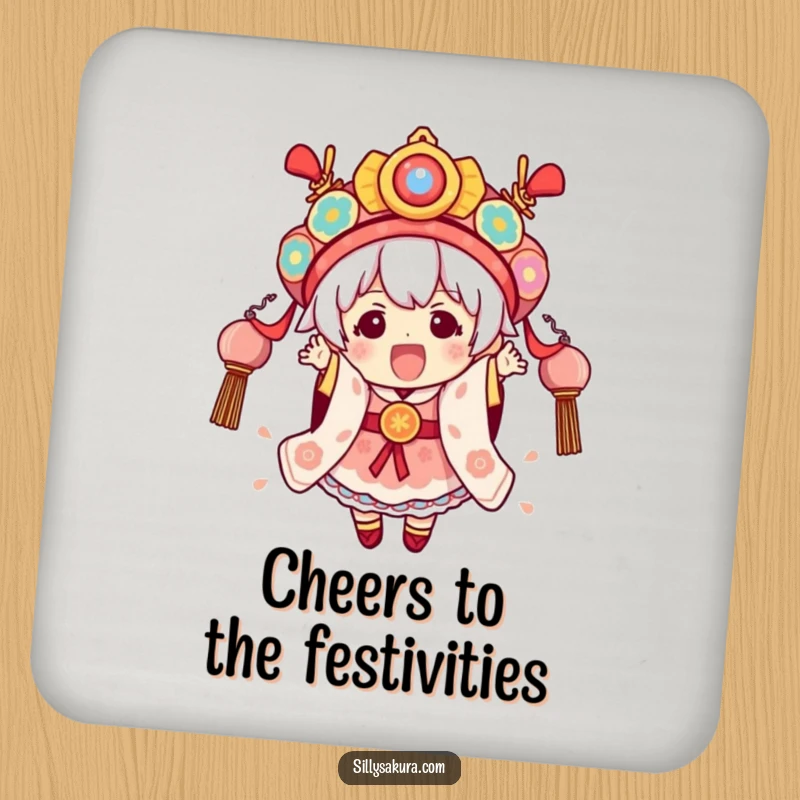 Funny Festival Kawaii Drink Coaster with a cute character excitedly wearing elaborate festival attire, a festive accent.