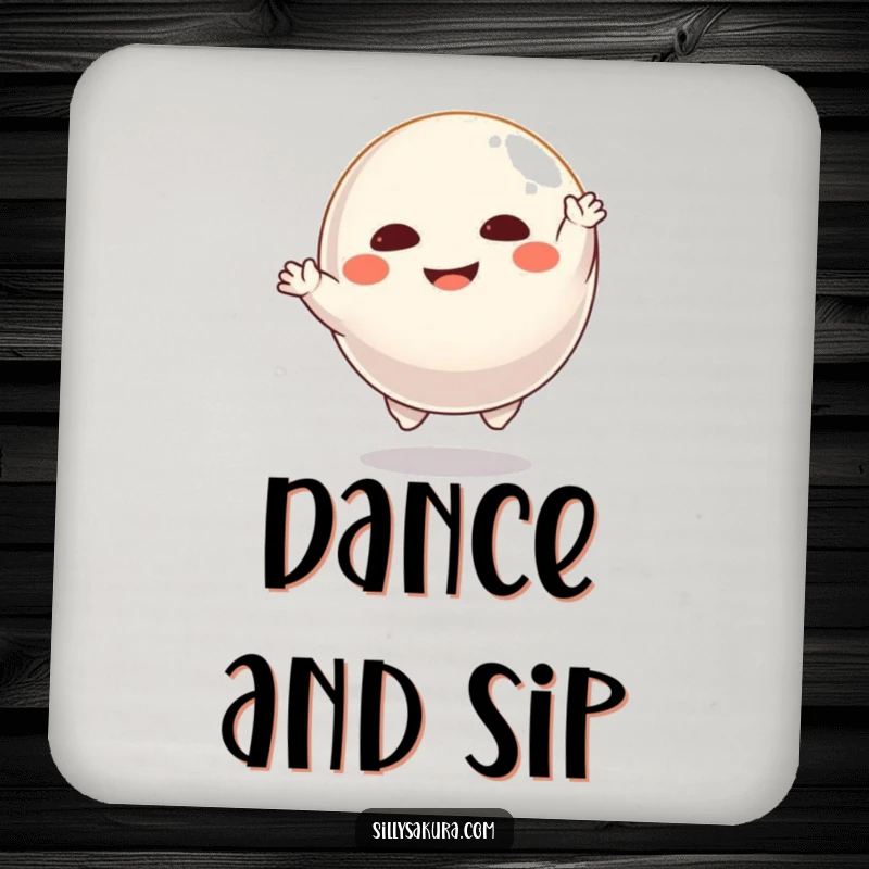 Funny Daruma drink coaster featuring a floating character joyfully dancing, adding functional humor to table settings.