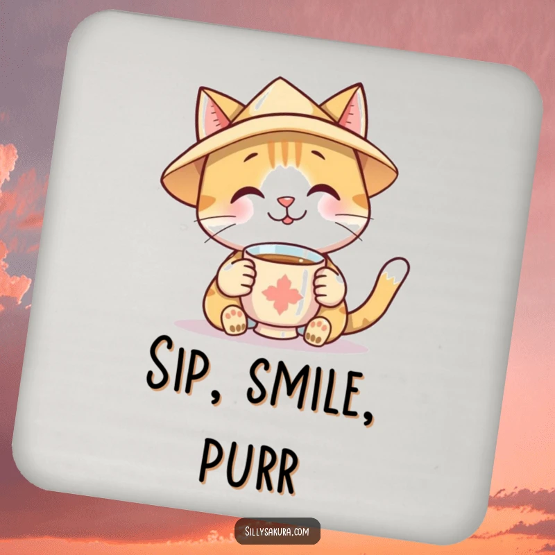 Funny Drink Coaster featuring a smiling cat in a paper hat, offering a cup of tea, adding feline humor to tabletops.