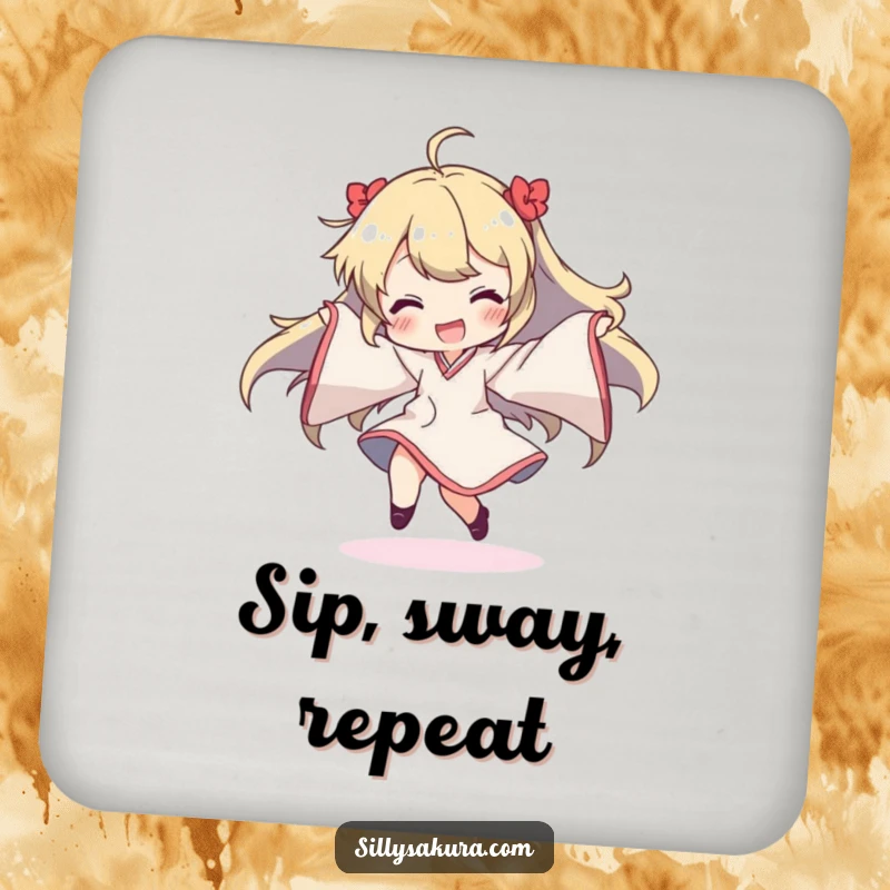 Funny drink coaster showing a character's uninhibited dance, sleeves creating a whimsical, flowing design, protecting surfaces with humor.