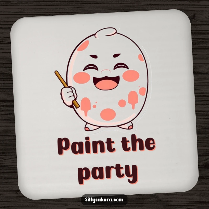 Funny Daruma Coaster with a character doll painting a smile, protecting surfaces with joy.