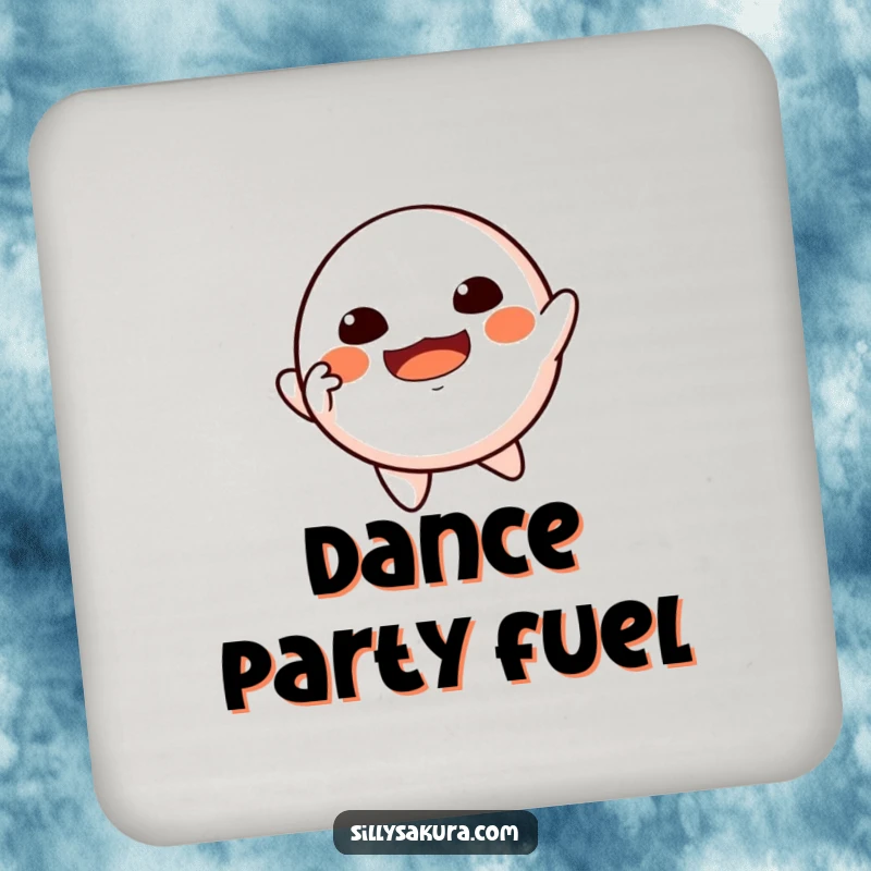 Funny Floating Daruma Drink Coaster with a Daruma doll character joyfully dancing, a tiny piece of animated art.