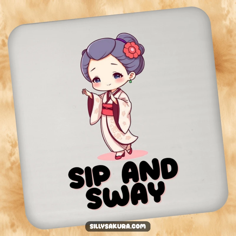Funny geisha dancer coaster with a tiny character in a fluid dance pose, protecting surfaces with humorous elegance.