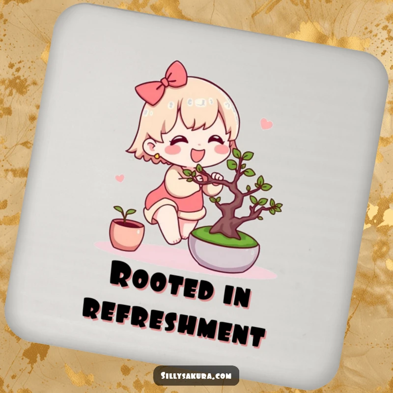 Funny Kawaii Coaster. A cute character joyfully tends to a miniature bonsai tree, protecting surfaces with botanical charm.