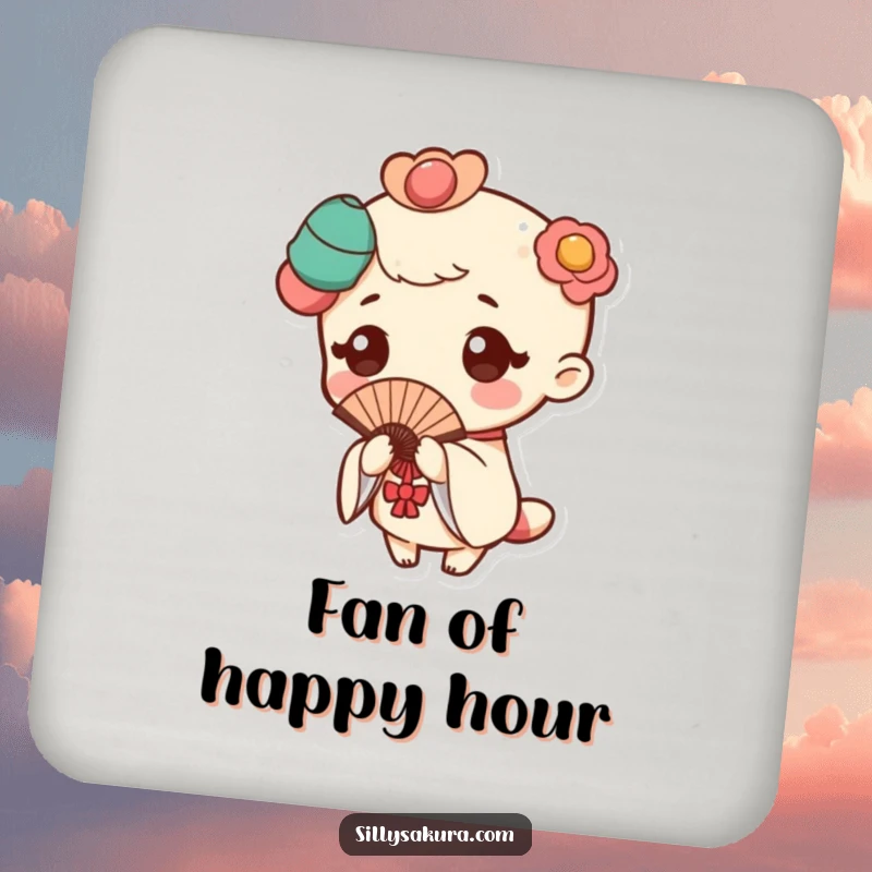 Funny drink coaster showcasing a Kawaii character in a traditional fan pose, with a gentle flutter adding charm.