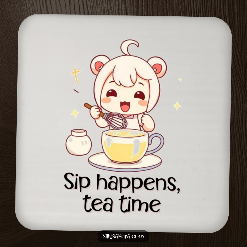 Funny Kawaii Tea Whisk Drink Coaster with a cute character enthusiastically whisking tea, a tiny piece of tea art.