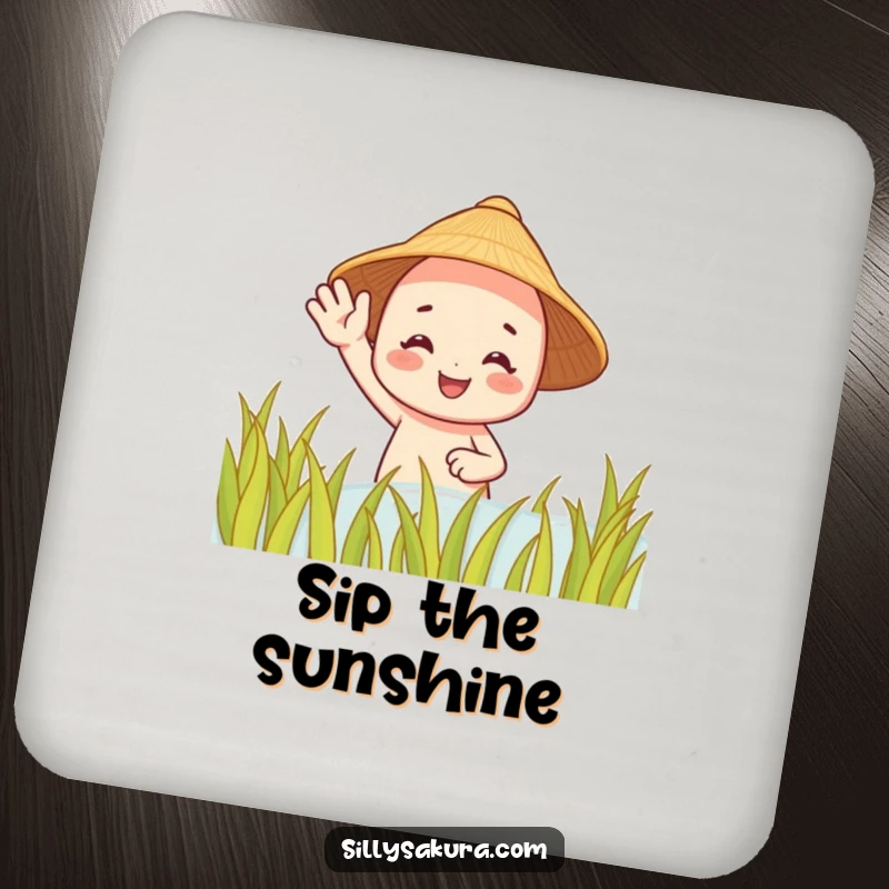 Funny coaster: a smiling character with a straw hat waves from a rice paddy, providing a humorous surface for drinks.