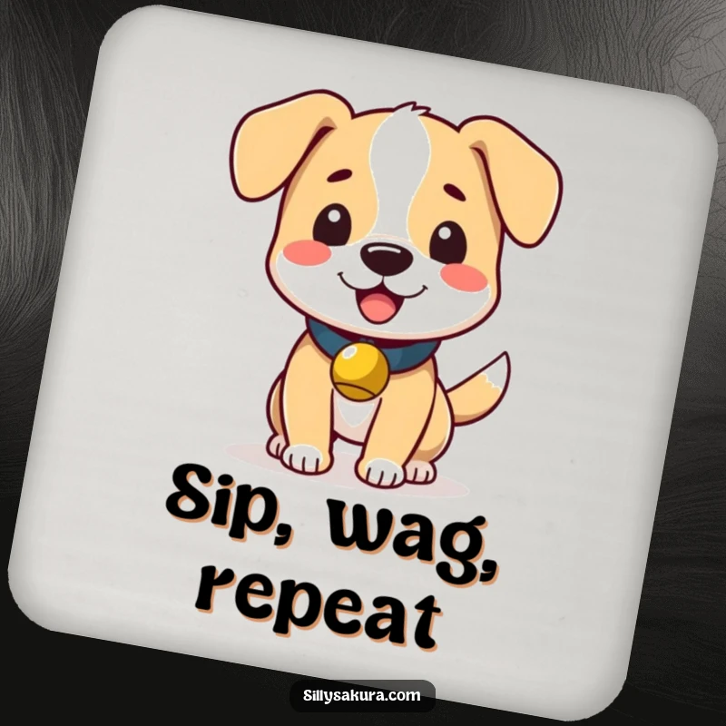 Funny drink coasters displaying a cute dog wearing a small bell and wagging its tail with pure happiness.