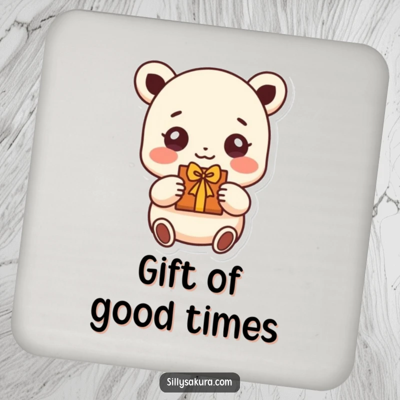 Funny drink coasters featuring a small character with beaming eyes, offering a handmade gift, perfect for adding joy.