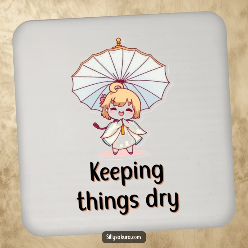 Funny Kawaii Umbrella Drink Coaster featuring a cute character joyfully twirling a decorative umbrella, a tiny piece of art.