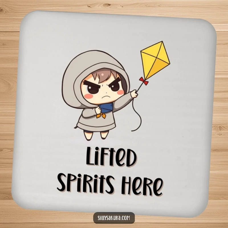 Funny drink coaster with a determined frowning character struggling to fly a small kite, great for parties.