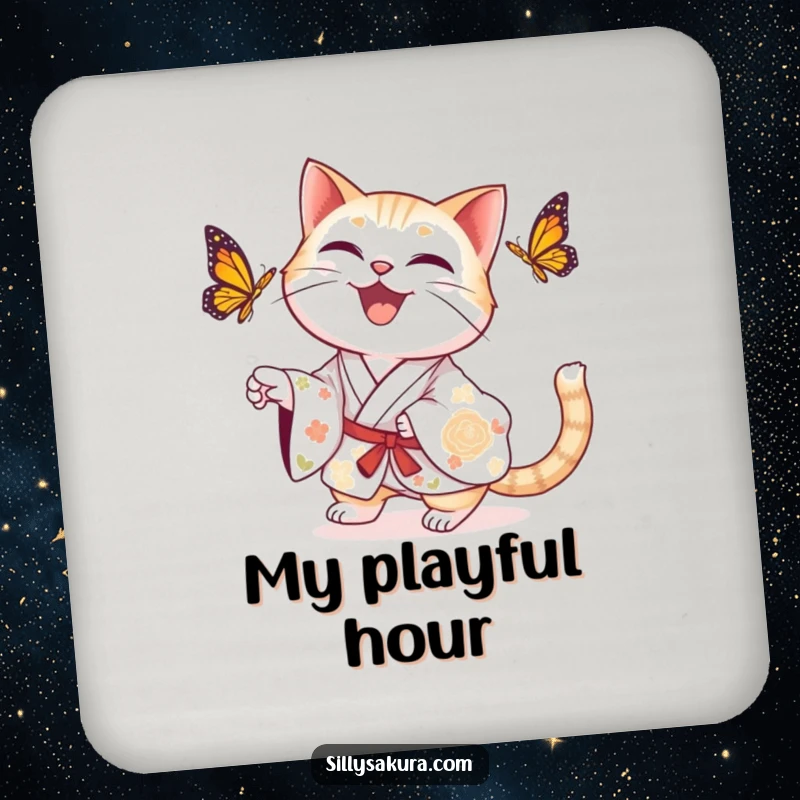 Funny delighted cat in a floral kimono chasing a butterfly on a coaster, bringing whimsical charm.