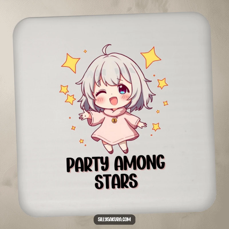 Funny Coaster set featuring a character energetically juggling sparkling stars, protecting surfaces with cosmic flair and humor, a perfect funny gift.