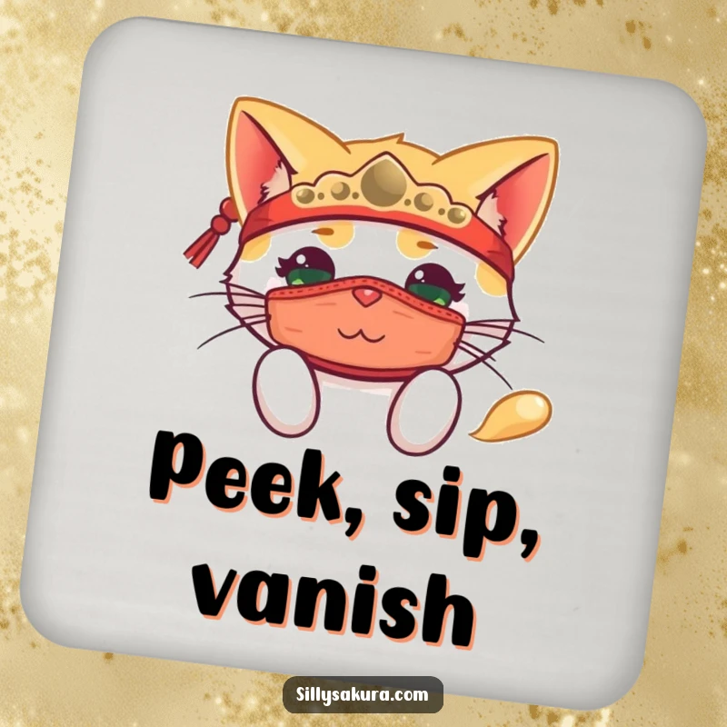 Funny drink coasters with a happy cat wearing a traditional mask, playfully peeking out with a mischievous look.
