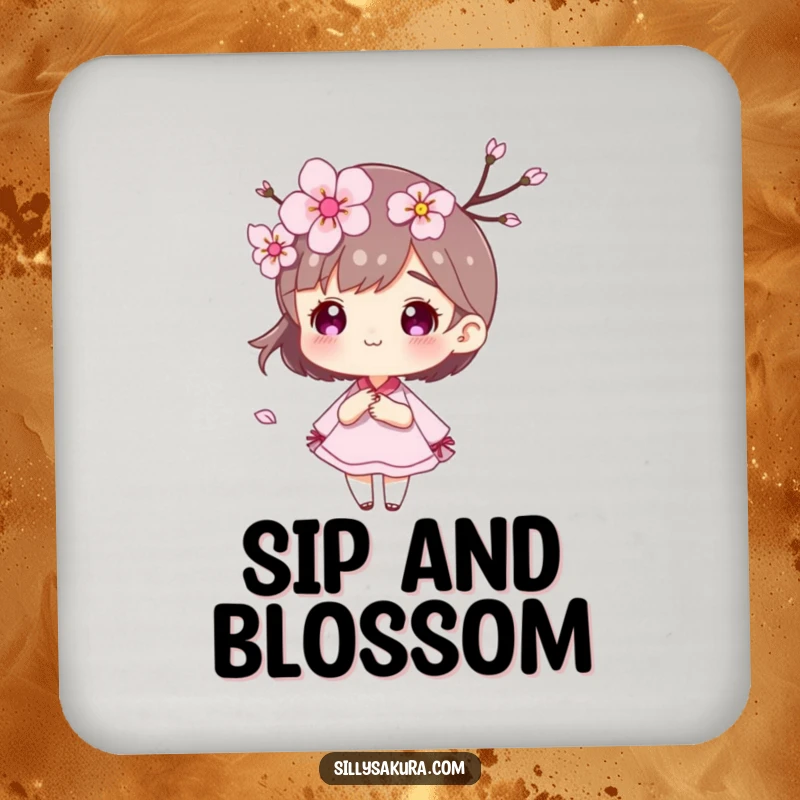 Funny Cherry Blossom Coaster with a character and petals blowing artistically in the wind.