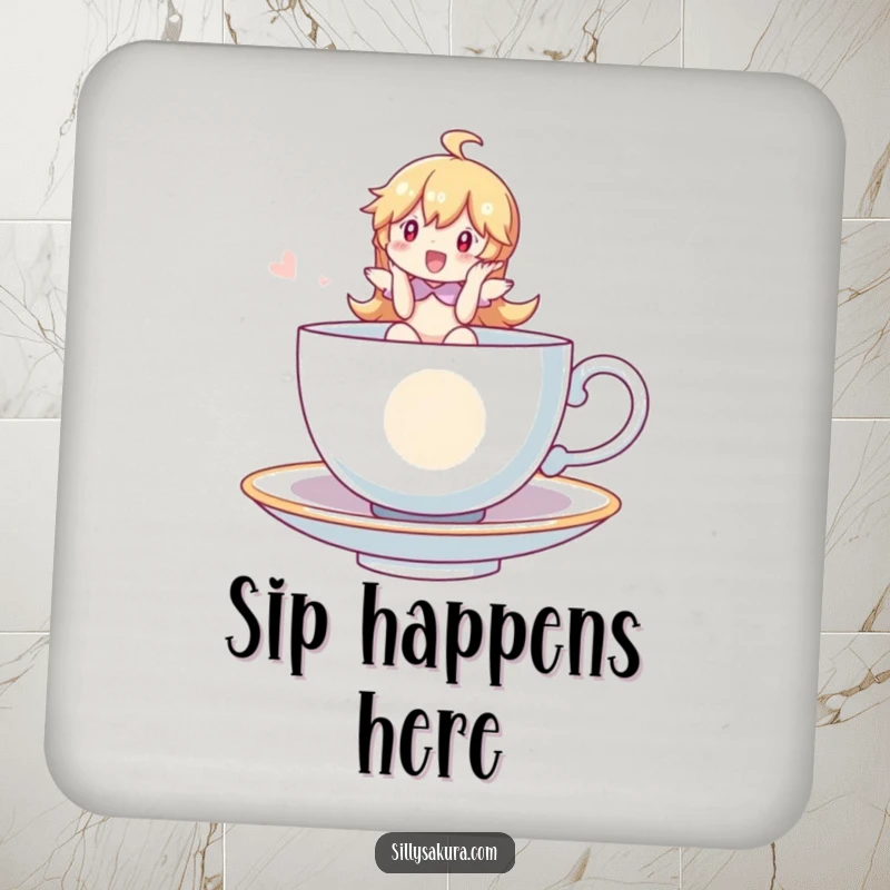 Funny Coaster set featuring a character riding a whimsical, floating teacup, protecting surfaces with magic and humor, a perfect funny gift.