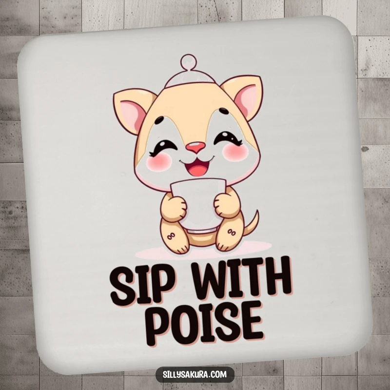 Funny smiling character precariously balancing a teacup on its nose, illustrated on a drink coaster for elegant humor.