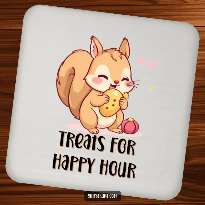 Funny Squirrel Coaster: A tiny squirrel character excitedly hiding a festival treat, adding humorous and charming protection to surfaces.