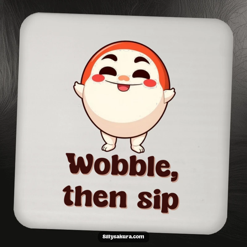 Funny drink coaster featuring a determined Daruma doll character smiling confidently, offering surface protection with humor.