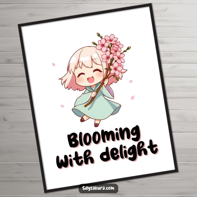 Funny poster art of a joyful character spinning happily with a bouquet of exquisite pink blossoms, celebrating beauty, serenity, and a touch of playful charm.