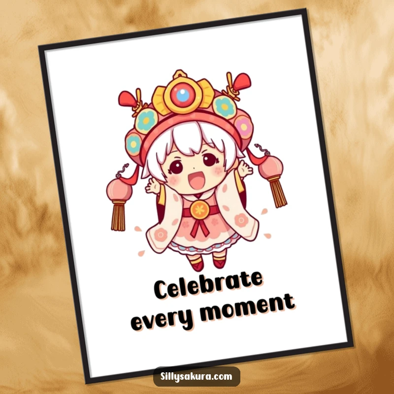 Funny Festival Kawaii Poster of a cute character excitedly wearing elaborate festival attire, capturing the essence of celebration.