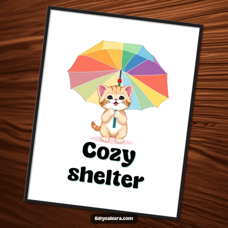 Funny poster showcasing a happy kitten curiously exploring beneath a large, vibrant paper umbrella, creating a scene of adorable wonder.